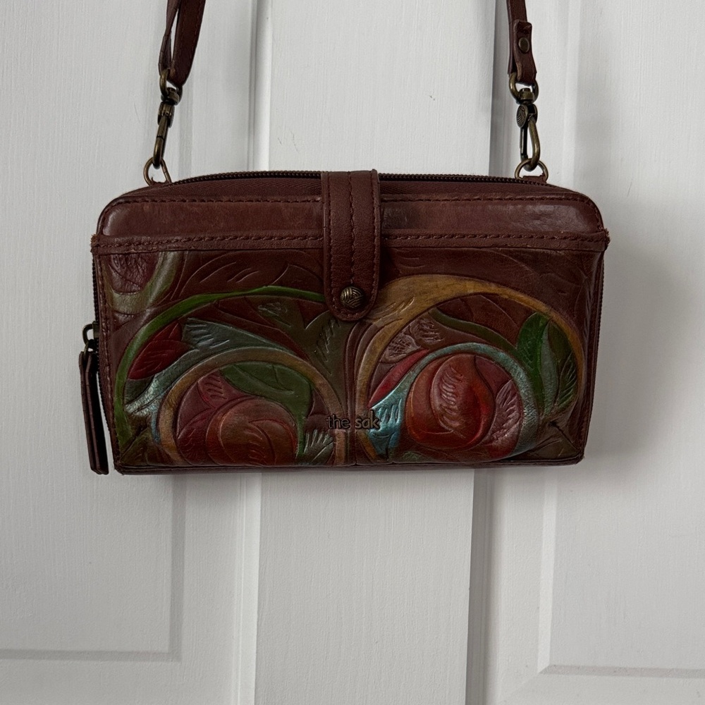 The Sak One Kind Hand Tooled & Painted Brown & Multicolor Crossbody Wallet